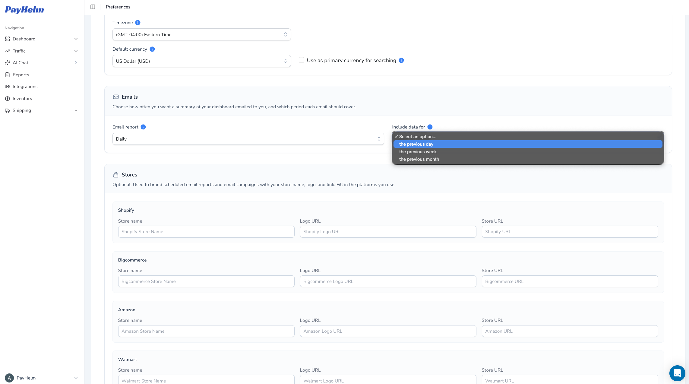 PayHelm Preferences — timezone, email schedule, and store branding settings