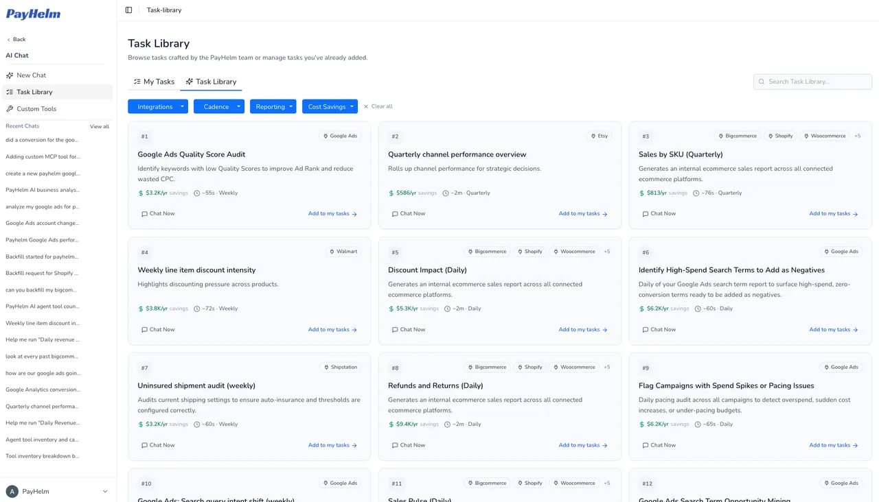 PayHelm AI task library with hundreds of pre-built automation tasks